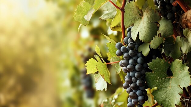 Ripe grapes hanging in a vineyard at sunset