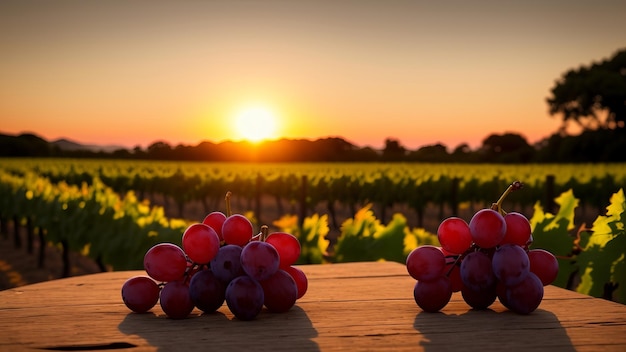 Ripe grapes in vineyard at sunset ai generated