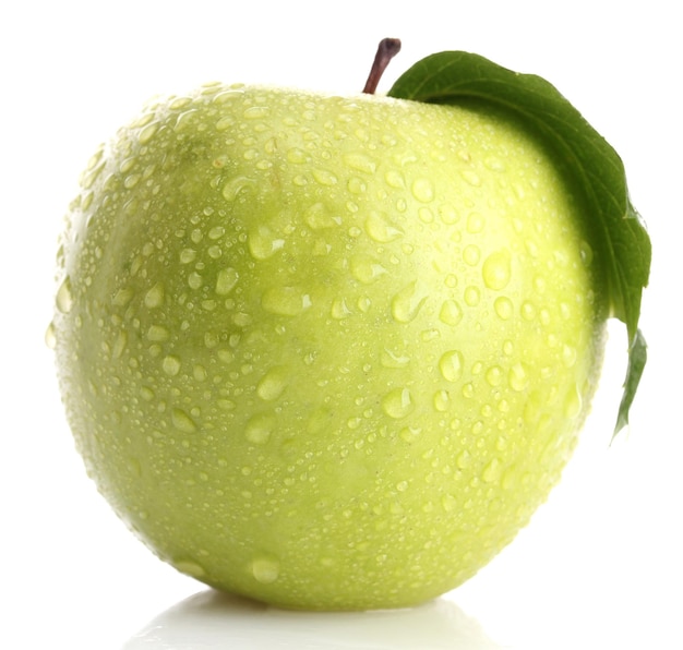 Ripe green apple with leaf isolated on white