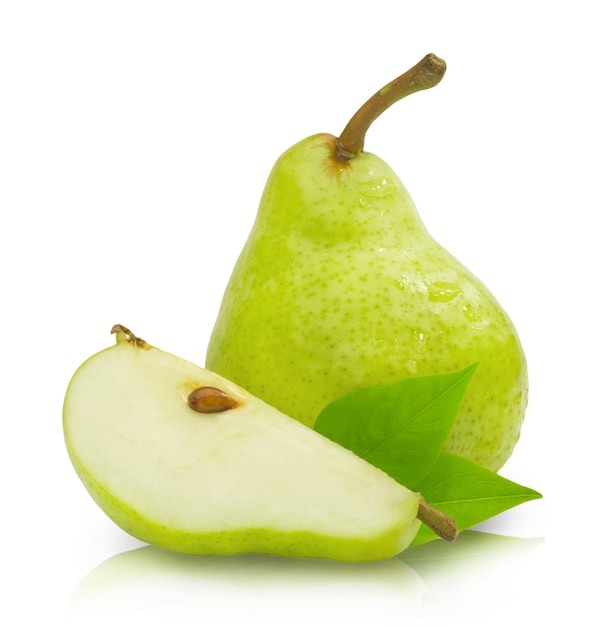 Ripe green pear and pear slice isolated