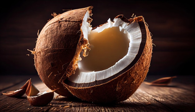 Ripe half cut coconut on a wooden background with Generative AI Technology