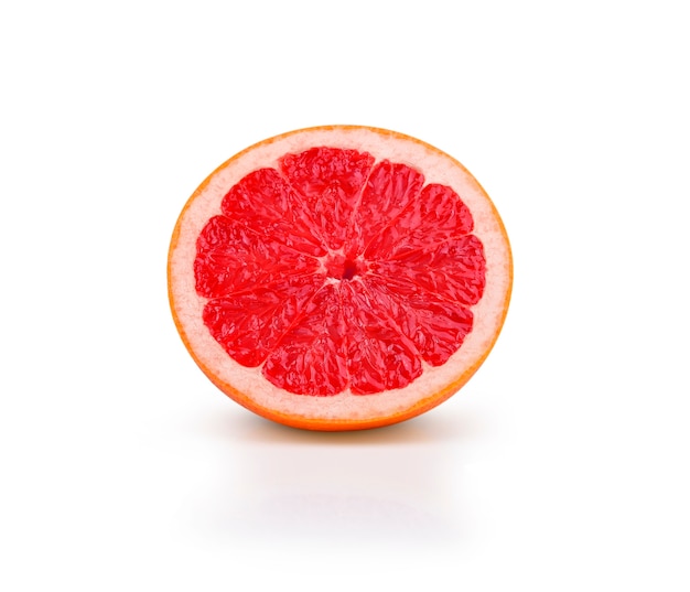 Ripe half of pink grapefruit citrus fruit isolated on white background.