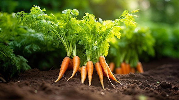 A ripe harvest of orange carrots in the garden with a ray of sunshine is the autumn harvest of a natural ecofriendly product from your garden AI generated