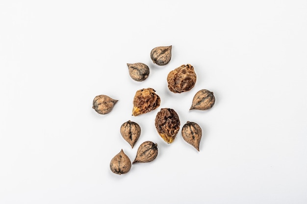 Ripe Juglans cordiformis Maxim or heart-shaped walnut isolated on white background. Young green and unpeeled whole nuts, flat lay, mockup, template