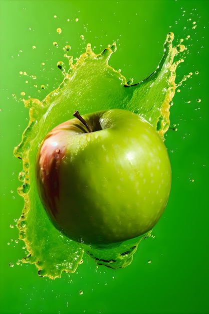 Ripe juicy apple with splashes of drops of water or juice on a green background Generative AI 1