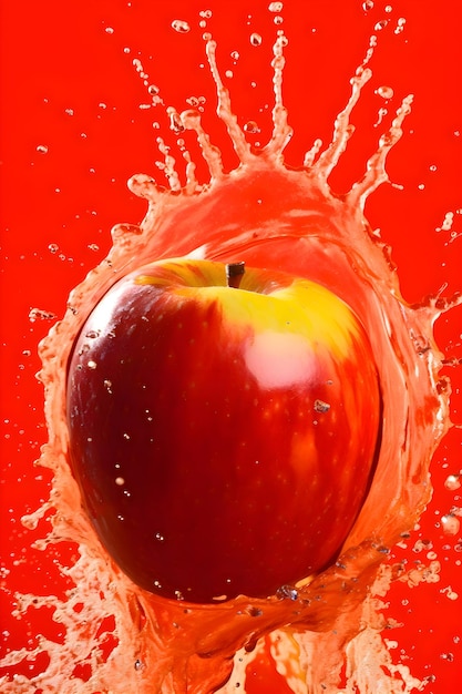 Ripe juicy apple with splashes of drops of water or juice on a red background Generative AI