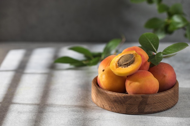 Ripe juicy apricots on a plate on a grey background with shadow Copy space