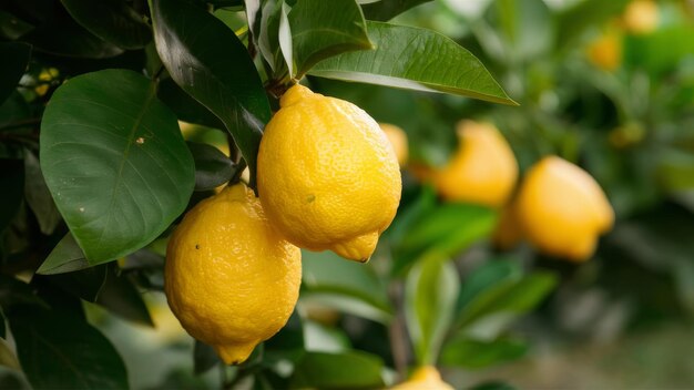 Ripe and juicy lemons on a lemon tree ready for harvesting