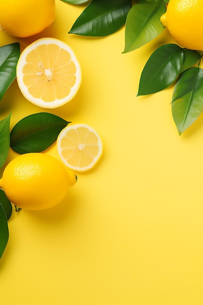 Ripe juicy lemons orange and green leaves on bright yellow background