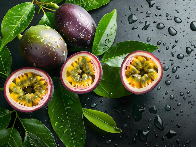 Photo ripe juicy passion fruit fruits in droplets of water neural network ai generated art