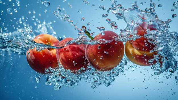 Ripe juicy peaches in a water splash on a blue background