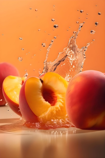 Ripe juicy peaches with splashes of drops of water or juice on a orange background Generative AI