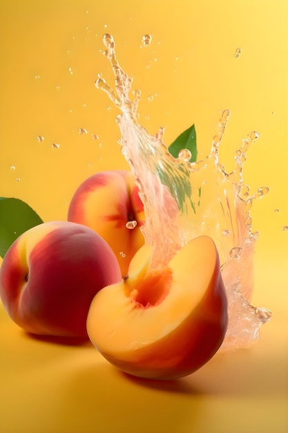 Ripe juicy peaches with splashes of drops of water or juice on a yellow background Generative AI