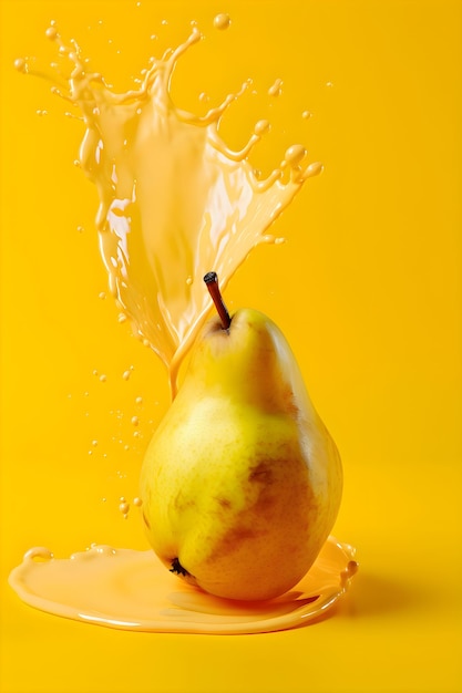 Ripe juicy pear with splashes of drops of water or juice on a yellow background Generative AI 1