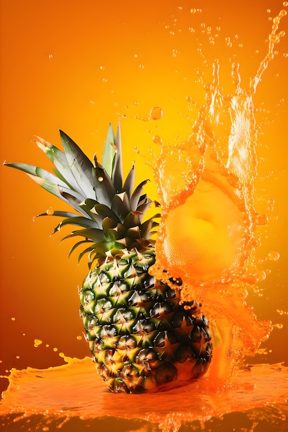 Ripe juicy pineapple with splashes of drops of water or juice on an orange background Generative AI