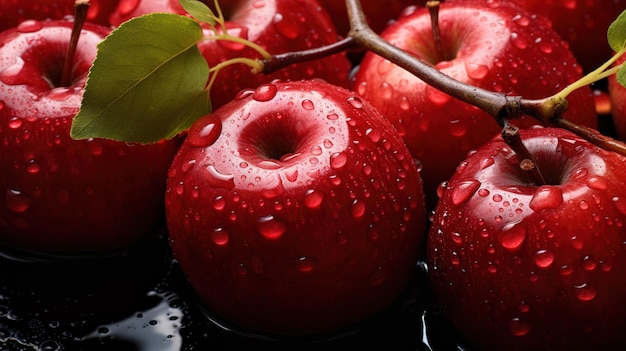 ripe and juicy red apples Background on the desktop Closeup food photography