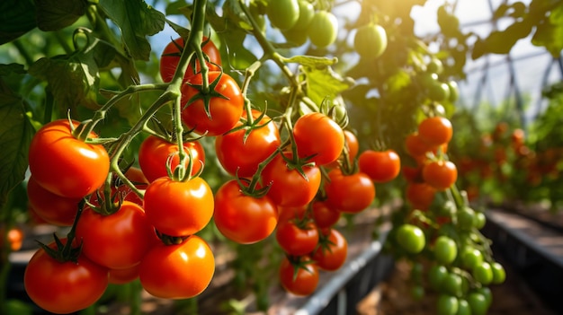 Ripe juicy red tomatoes in the greenhouse