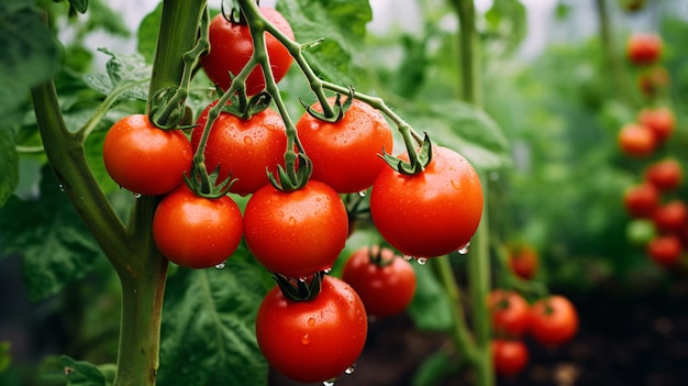 Ripe juicy red tomatoes in the greenhouse