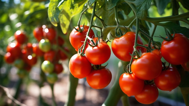 Ripe juicy red tomatoes in the greenhouse