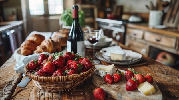 Ripe and juicy strawberries in a wicker basket stand on a wooden table next to a bottle of red wine