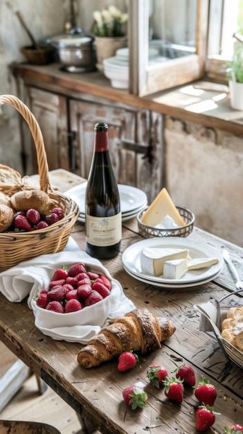 Ripe and juicy strawberries in a wicker basket stand on a wooden table next to a bottle