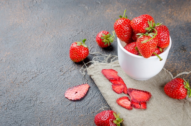 Ripe juicy Strawberry, fruit dry chips and strawberries pastille