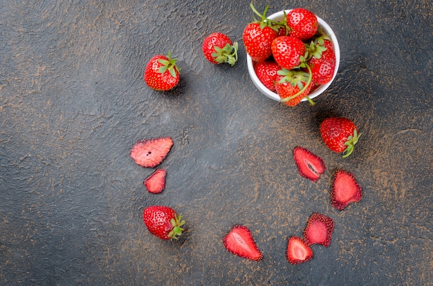 Ripe juicy Strawberry, fruit dry chips and strawberries pastille