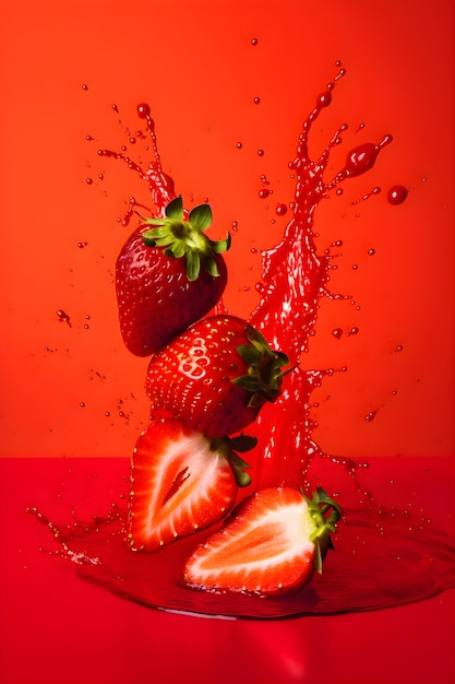 Ripe juicy strawberry with splashes of drops of water or juice on a red background Generative AI 2