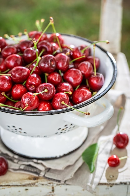 Ripe and juicy sweet cherries in a sunny day Homegrown fruit harvested in the summer