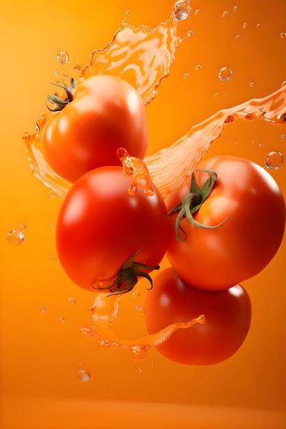 Ripe juicy tomatoes with splashes of drops of water or juice on an orange background Generative AI