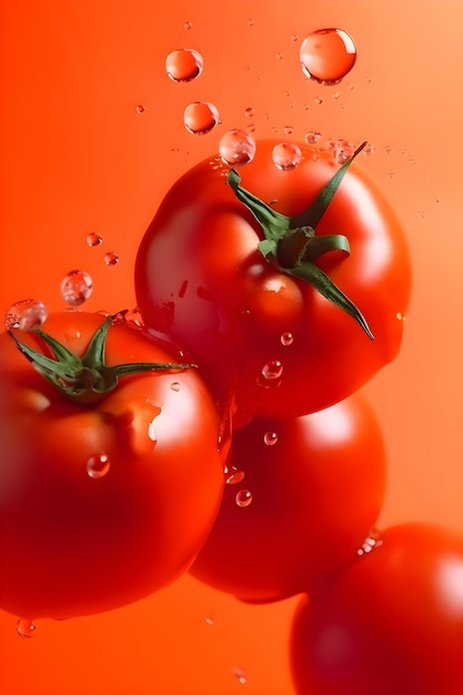 Ripe juicy tomatoes with splashes of drops of water or juice on a red background Generative AI 1