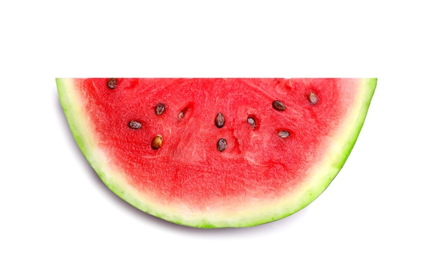 Ripe juicy watermelon piece isolated on white background. Top view.