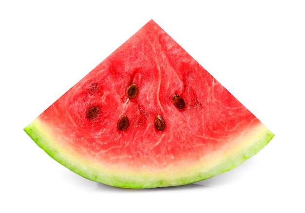 Ripe juicy watermelon piece isolated on white background.