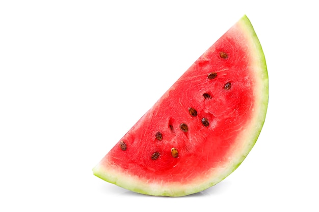 Ripe juicy watermelon piece isolated on white background.