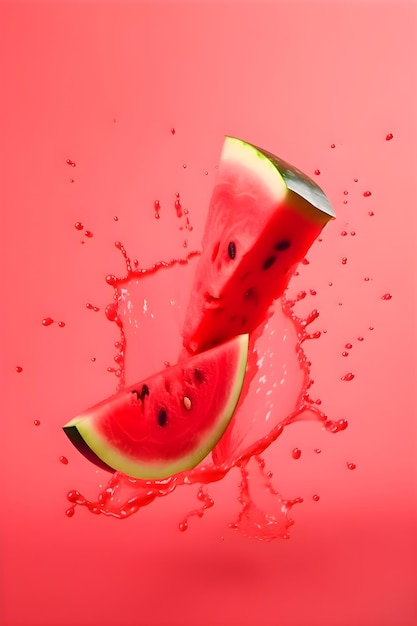 Ripe juicy watermelon with splashes of drops of water or juice on a red background Generative AI