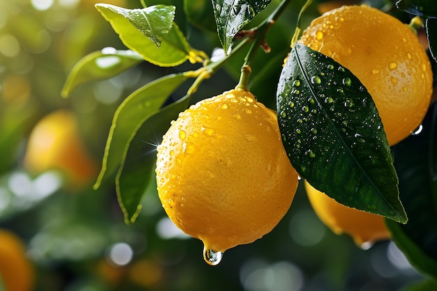 Ripe lemons hanging on lemon tree branch in the garden