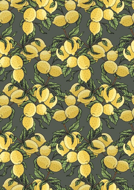 Ripe lemons print Fruit with leaves on gray background