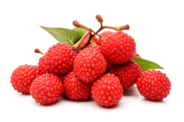 Ripe lychee fruits with leaves isolated on white background