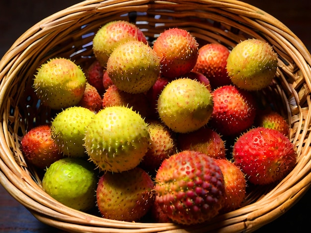 ripe lychees in a basket on their ancestral wooden table Write a character sketch delving into thei