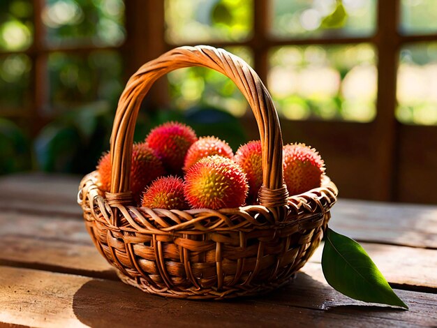 Photo ripe lychees showcased in a rustic basket on a sunlit wooden table