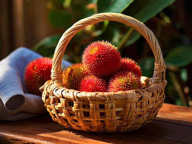 ripe lychees showcased in a rustic basket on a sunlit wooden table