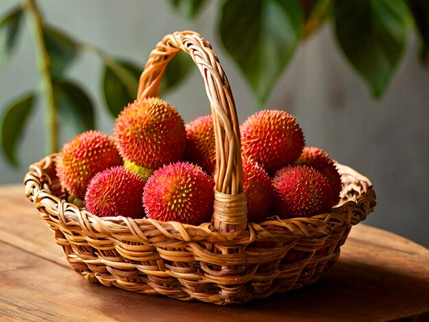 ripe lychees showcased in a rustic basket on a sunlit wooden table