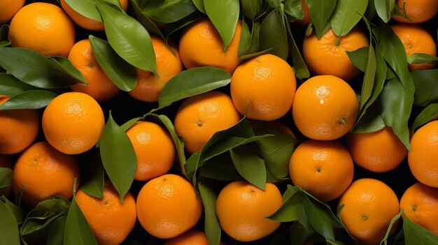 Ripe mandarins with leaves as background top view