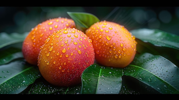 Ripe mango fruits in water drops on the leaves Studio light Created with AI