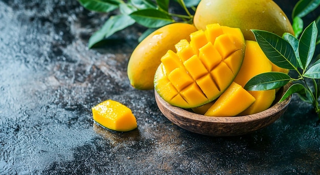 Photo ripe mango slices and whole mangoes tropical stock image for food health and recipe projects isolated close up juicy mangoes