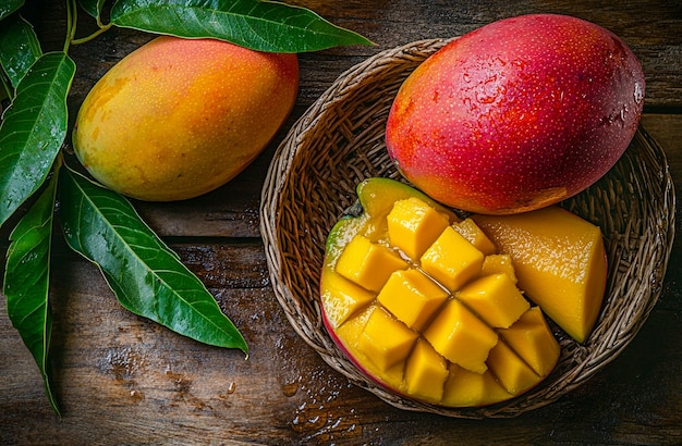 Ripe Mango Slices and Whole Mangoes Tropical Stock Image for Food Health and Recipe Projects Isolated Close up juicy Mangoes