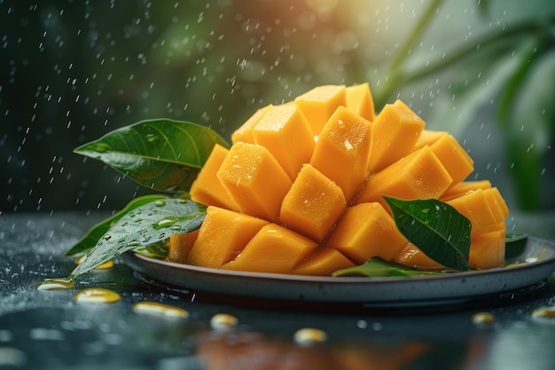 Photo ripe mango slices with green leaves under the rain