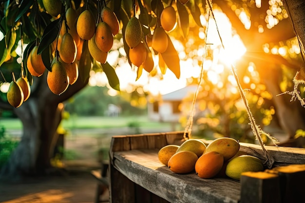 Ripe Mango tropical fruit hanging on tree with rustic wooden table and sunset at organic farm