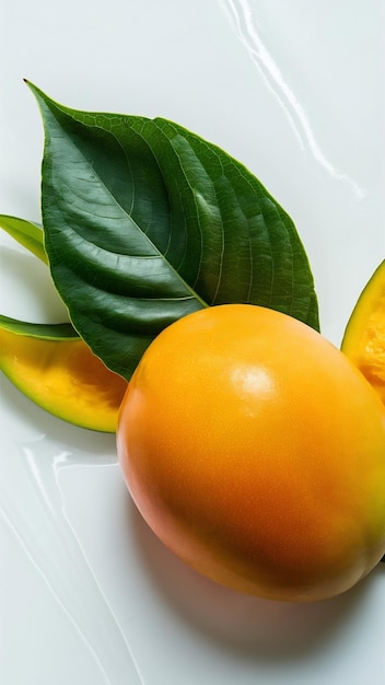 Ripe mango with green leaf isolated on white