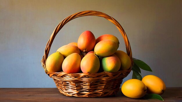 ripe mangoes in a basket on a wooden table as inspiration for a poem about the swee